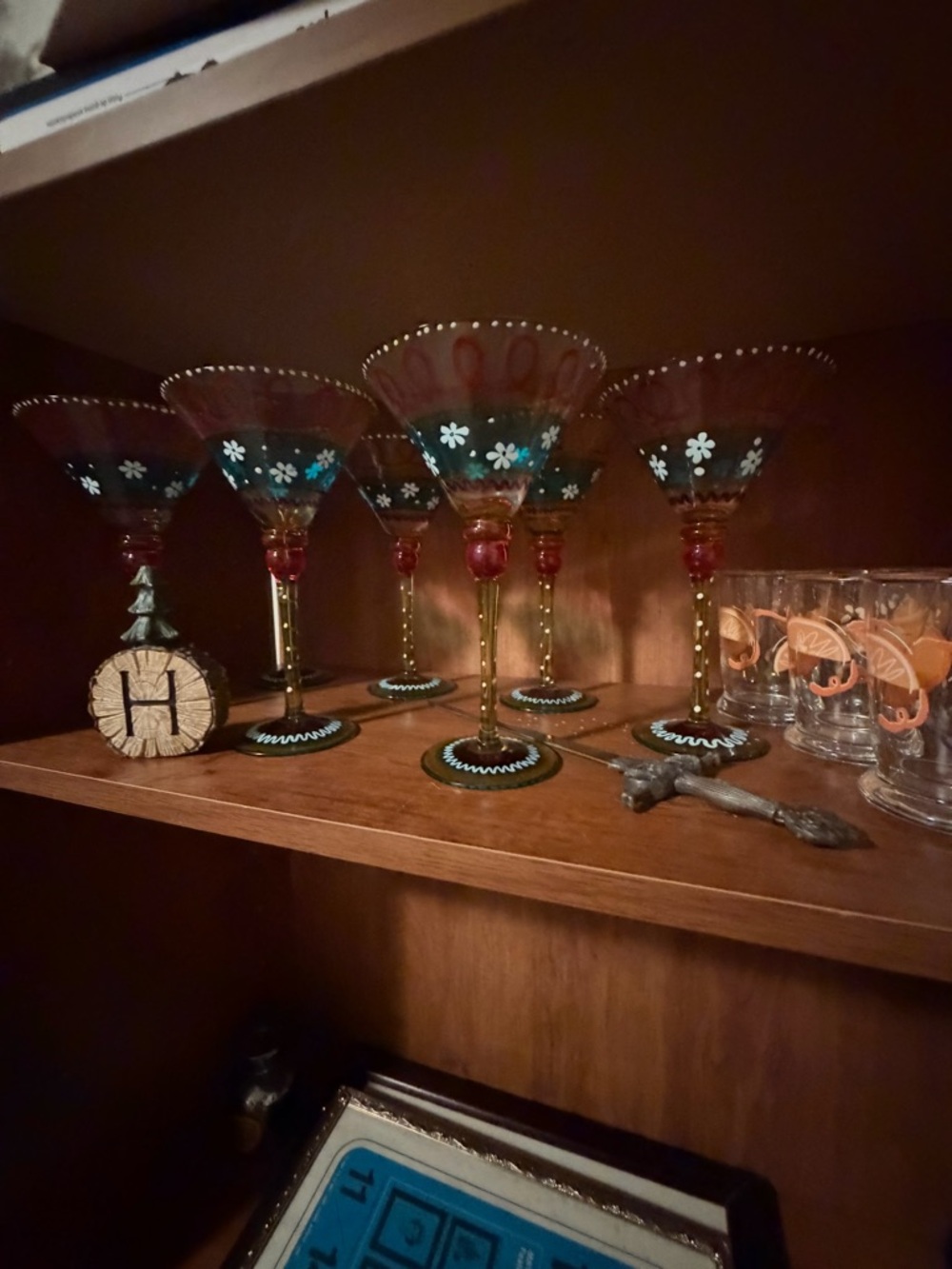 Pier 1 Hand-Painted Floral Martini Glasses in Green and Red Set of 7